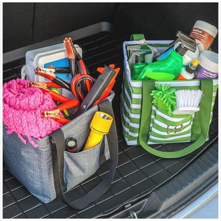 Small Utility Totes with emergency supplies and car cleaning products.