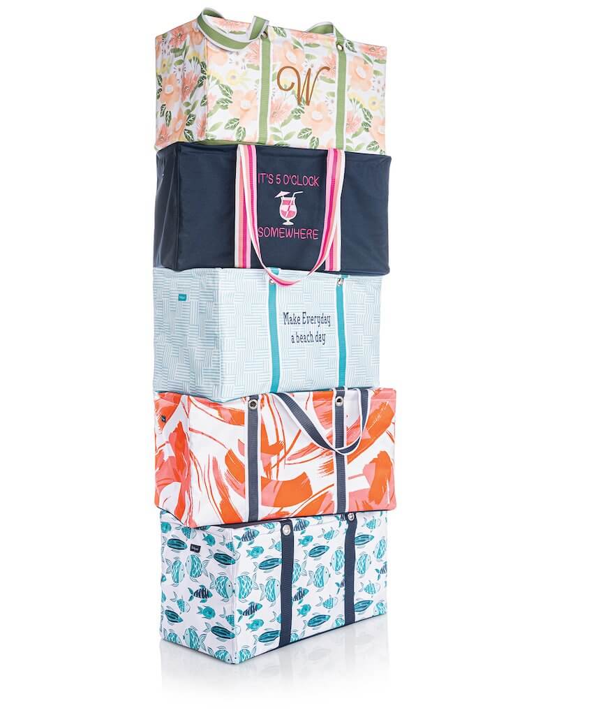 Large Utility Totes in Finny Friends, Dancing Coral, Patchwork Stripe, Navy Pop, and Morning Floral